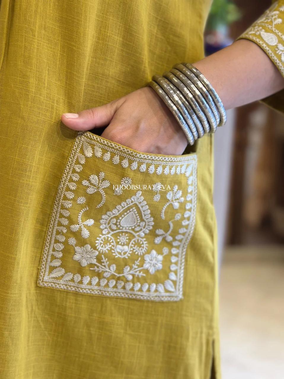 Natural Cotton Slub Yellow Kurti & Pant