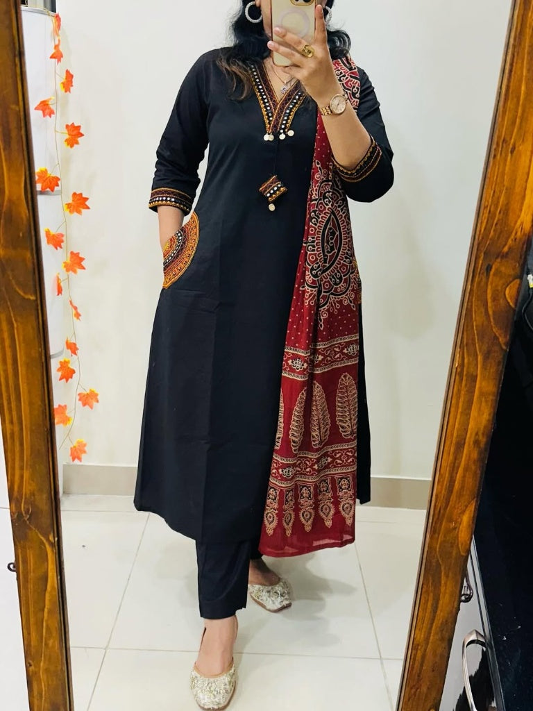 Elegant Black Embroidered Kurta Set with Maroon Ajrakh Print Dupatta for Women