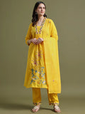 Yellow Cotton Embroidered Kurta Set with Dupatta