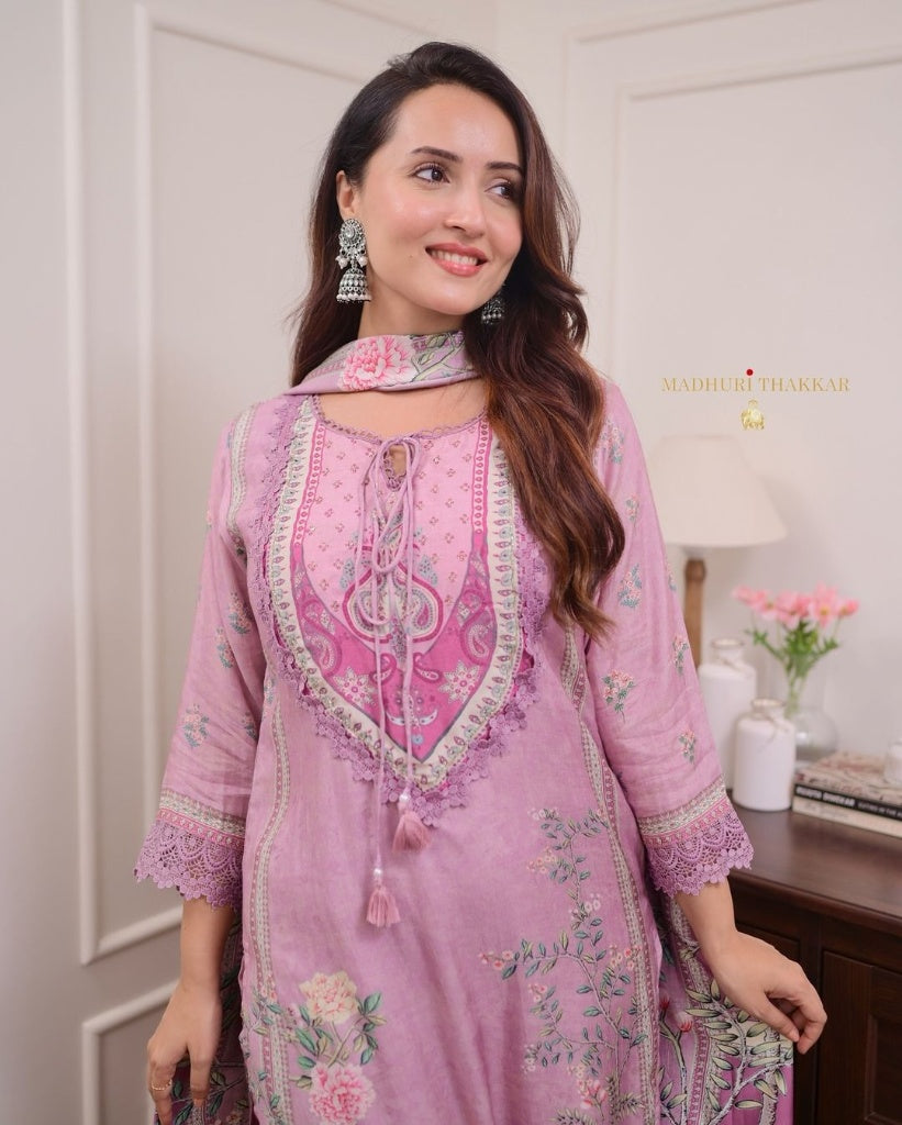 Dreamy Lavender Floral Print Kurta Set with Lace Border & Matching Dupatta