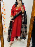 Ruby Red Embroidered Kurta Set with Black Ajrakh Print Dupatta for Women