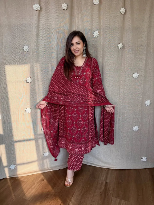 Premium Maroon Printed Anarkali Kurti Pant Set