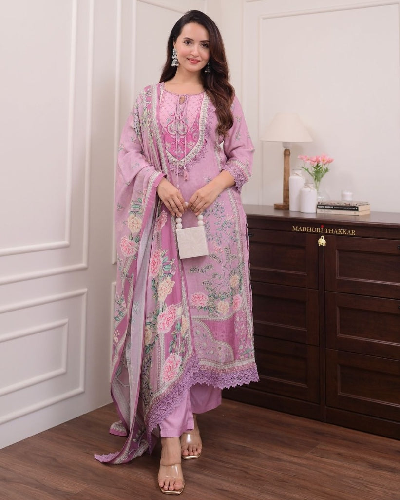 Dreamy Lavender Floral Print Kurta Set with Lace Border & Matching Dupatta