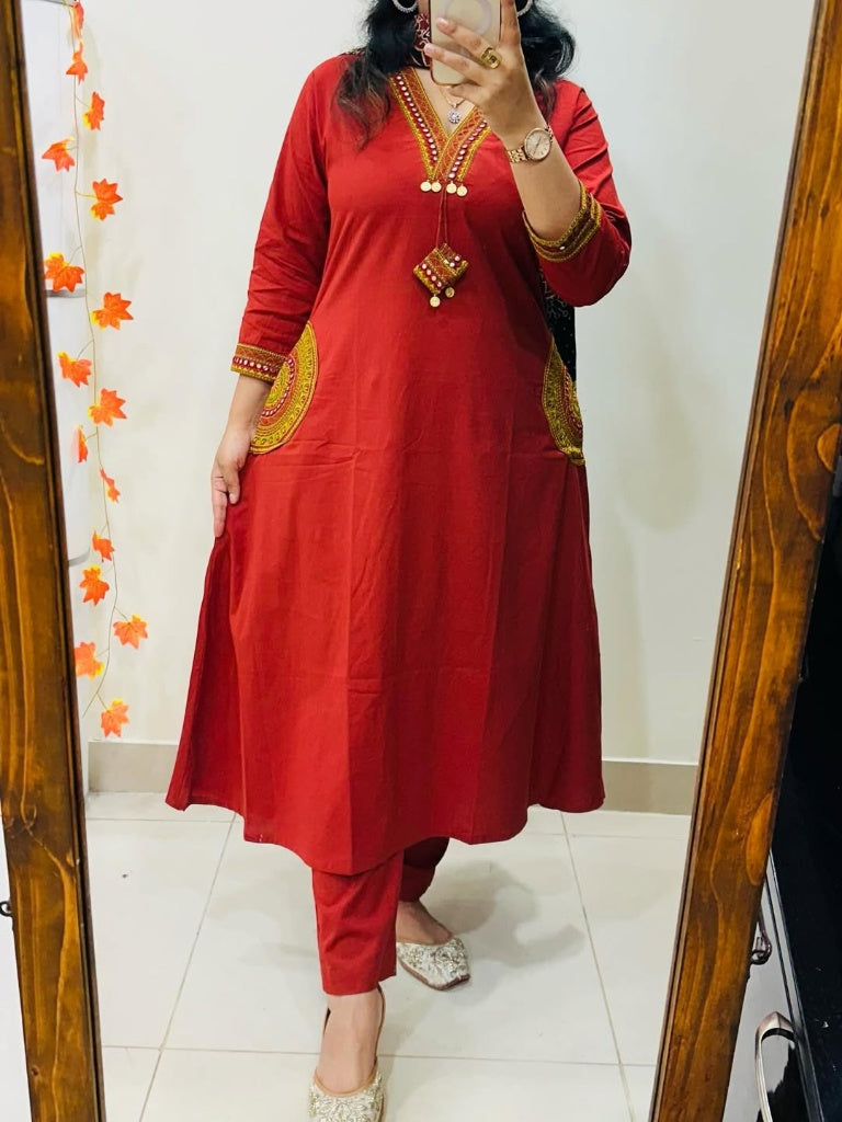 Ruby Red Embroidered Kurta Set with Black Ajrakh Print Dupatta for Women