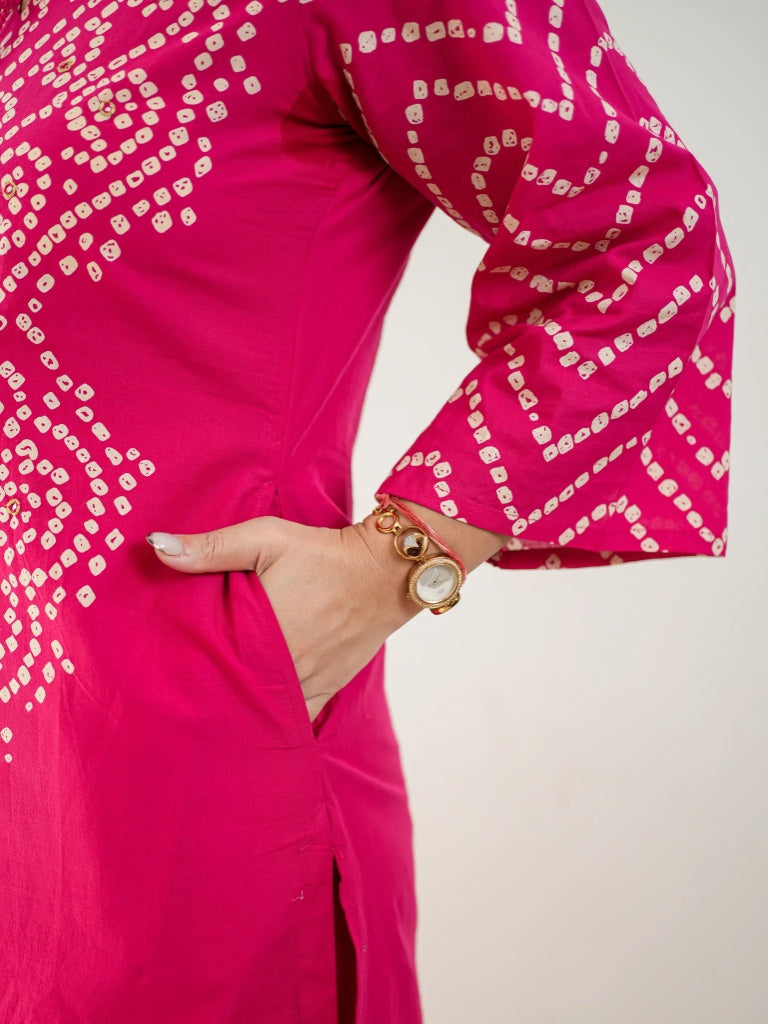 Pink Bandhani Ethnic Cotton Kurta Set with Dupatta for Women