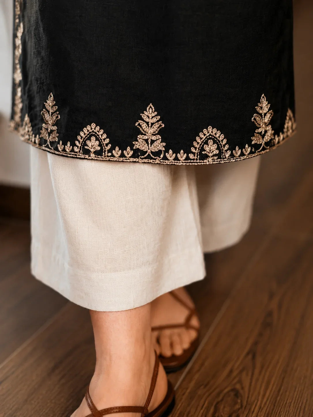 Embroidery Black Cotton Kurta Set with Palazzo Pants