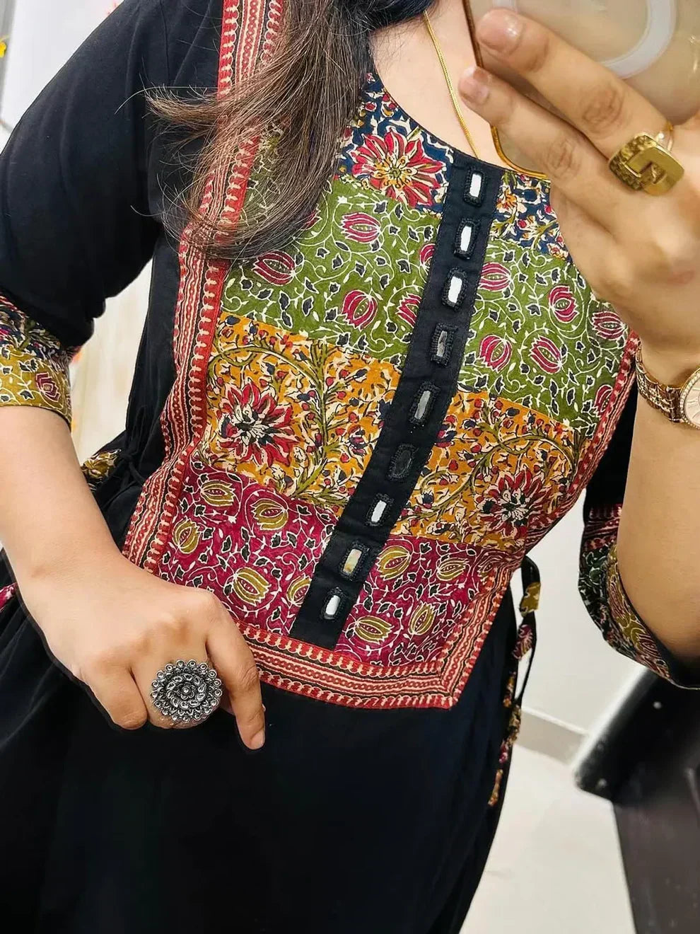 Women’s Black Cotton Anarkali Kurta Pant Set with Embroidered Yoke