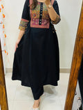 Women’s Black Cotton Anarkali Kurta Pant Set with Embroidered Yoke