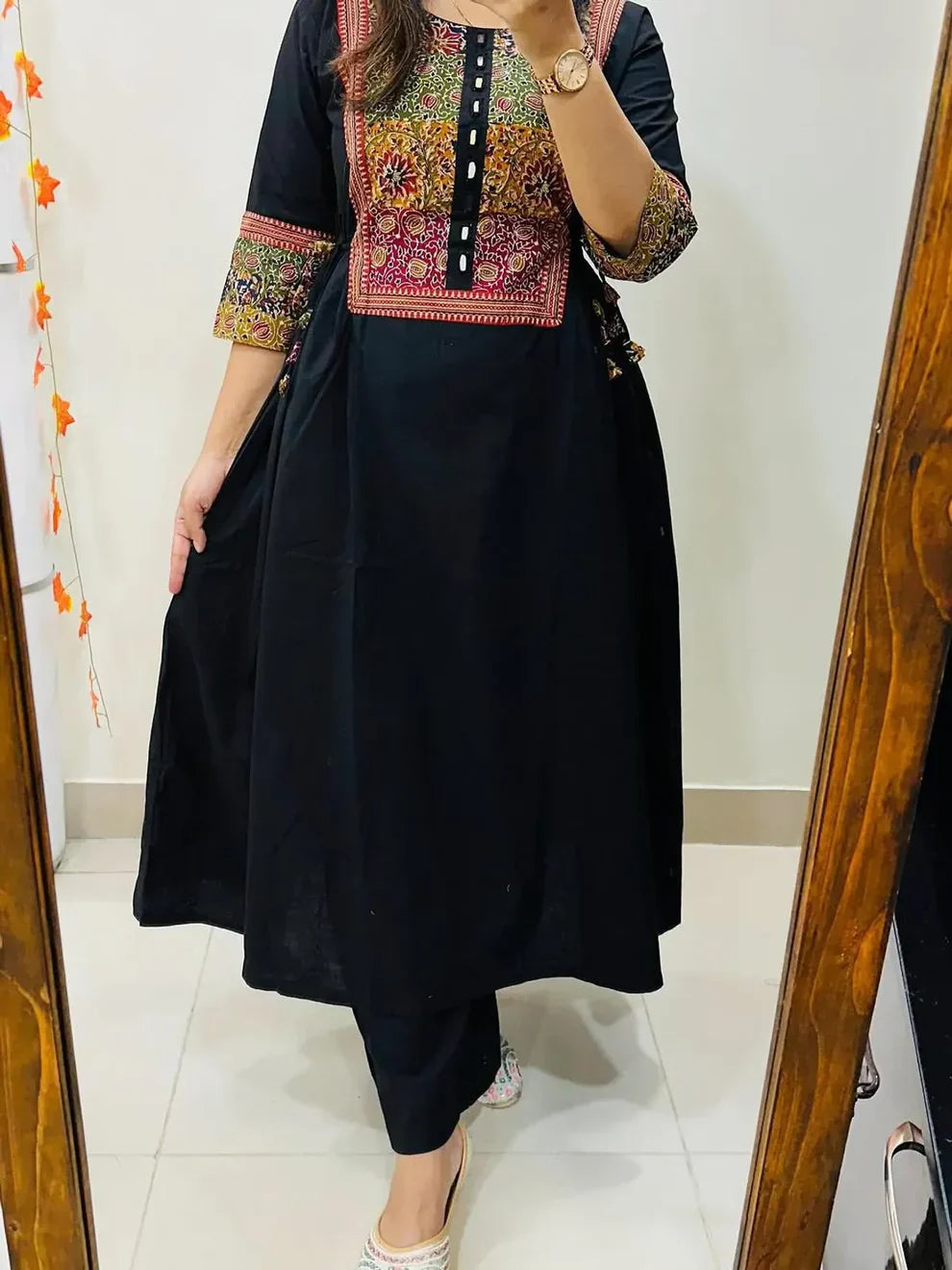Women’s Black Cotton Anarkali Kurta Pant Set with Embroidered Yoke