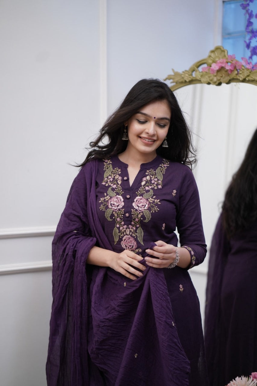 Purple Cotton Embroidered Kurta Pant And Dupatta Set