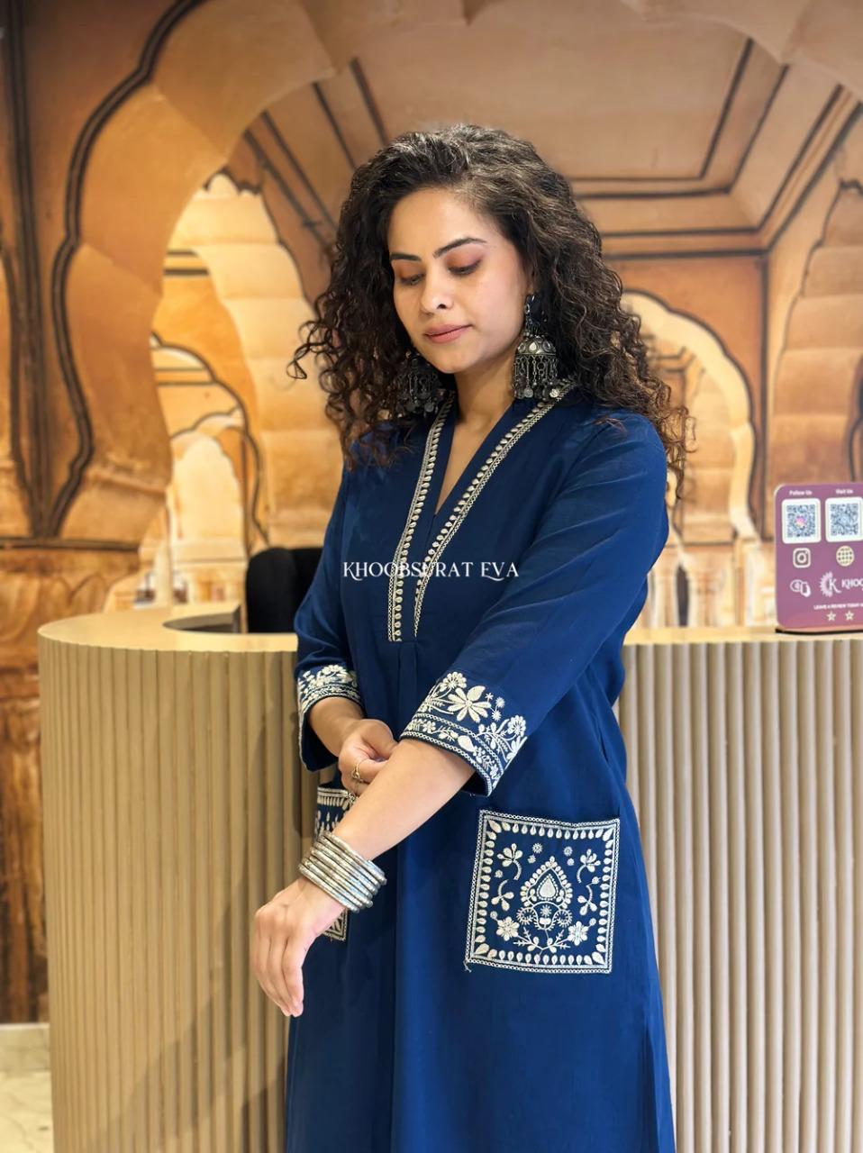 Natural Cotton Slub Blue Kurti & Pant