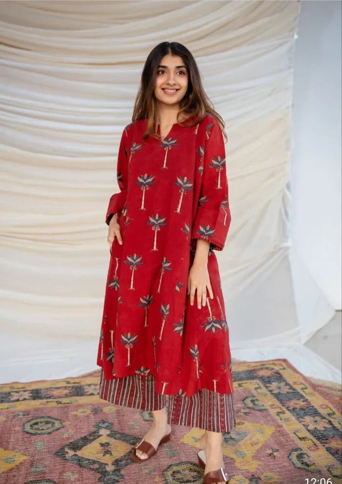 Premium Red Printed A-Line Kurti Set