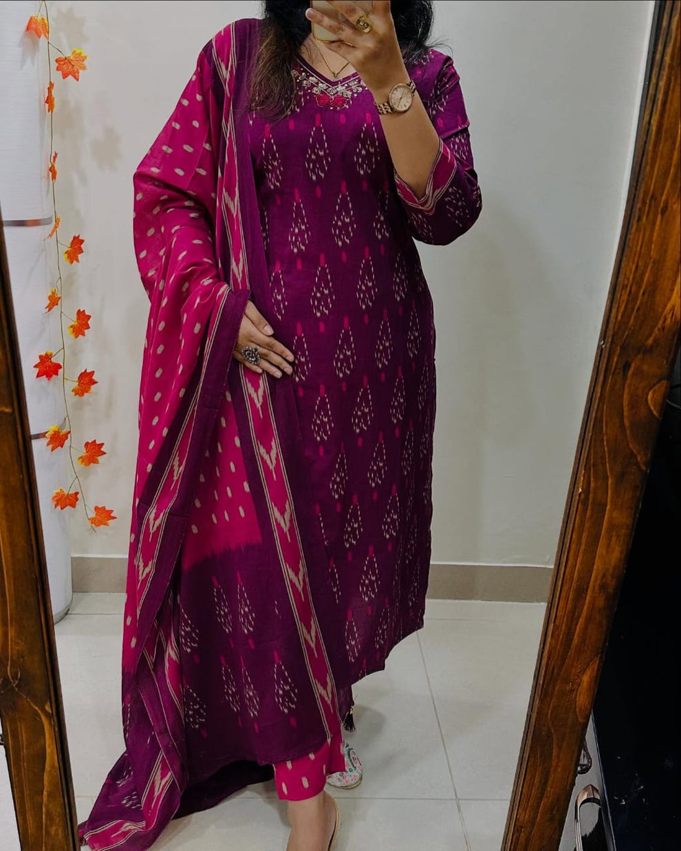 Magenta Ikka Print Cotton Kurta Set With Contrast Dupatta