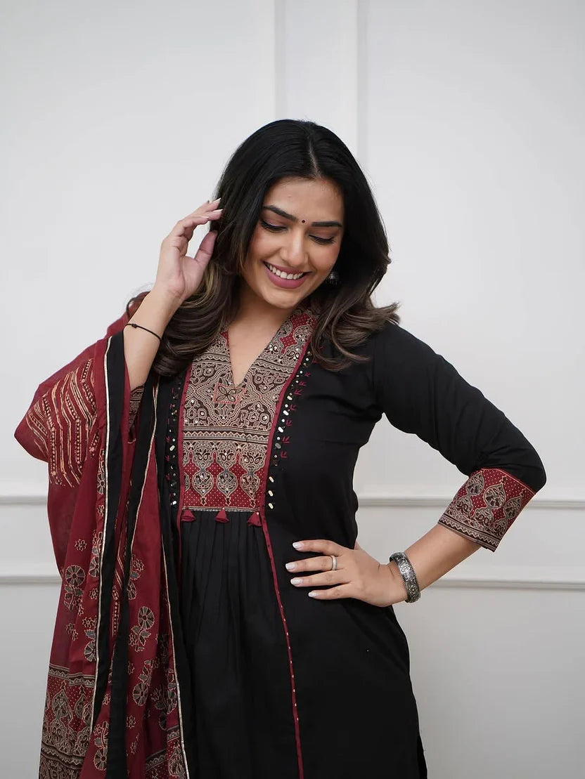 Women’s Black Cotton Kurta Pant Set with Embroidered Yoke & Printed Dupatta