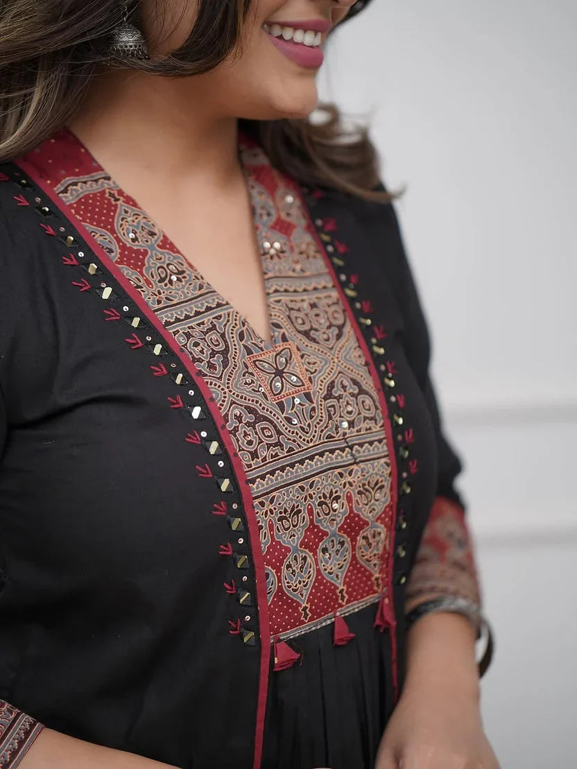 Women’s Black Cotton Kurta Pant Set with Embroidered Yoke & Printed Dupatta