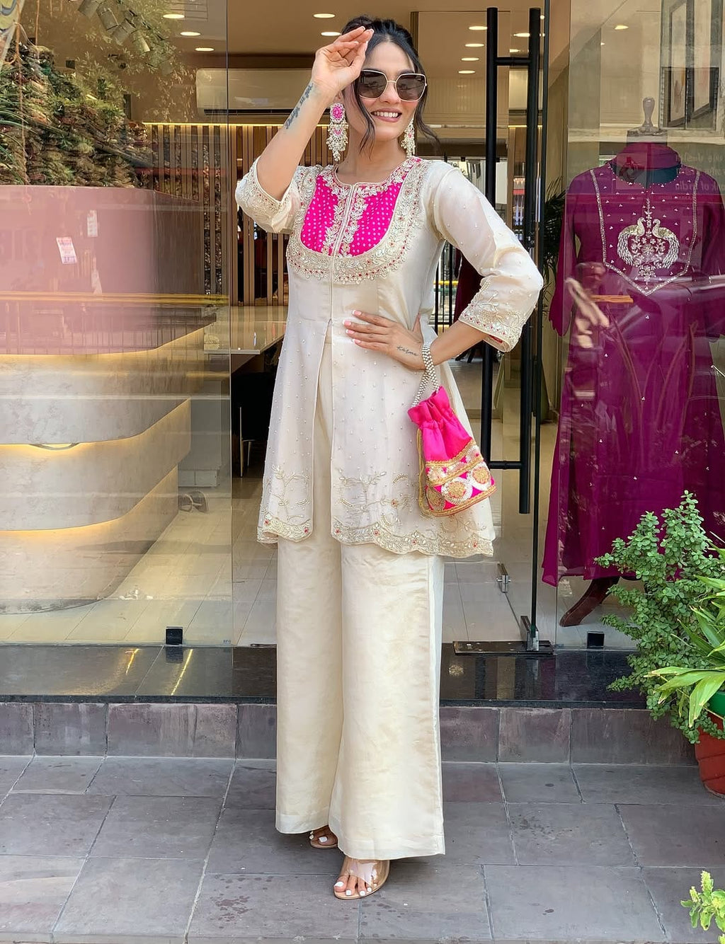 Elegant Ivory & Pink Embroidered Kurta Set with Palazzo Pants