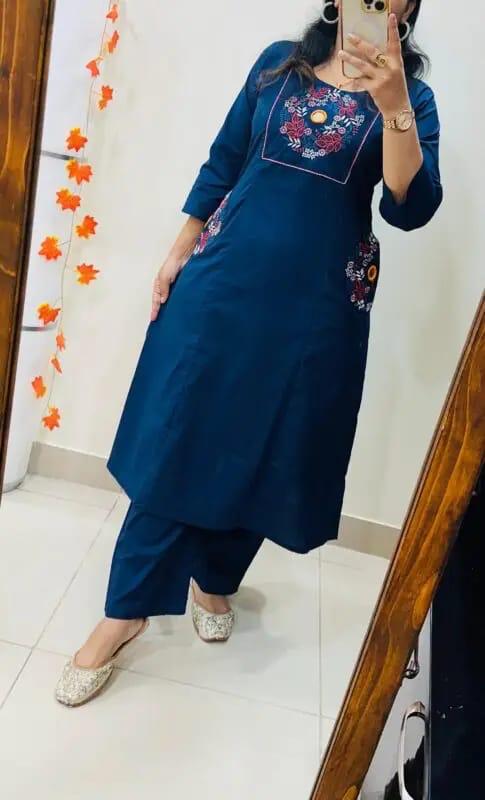 Navy Blue Embroidered Straight Kurta Set with Pants for Women