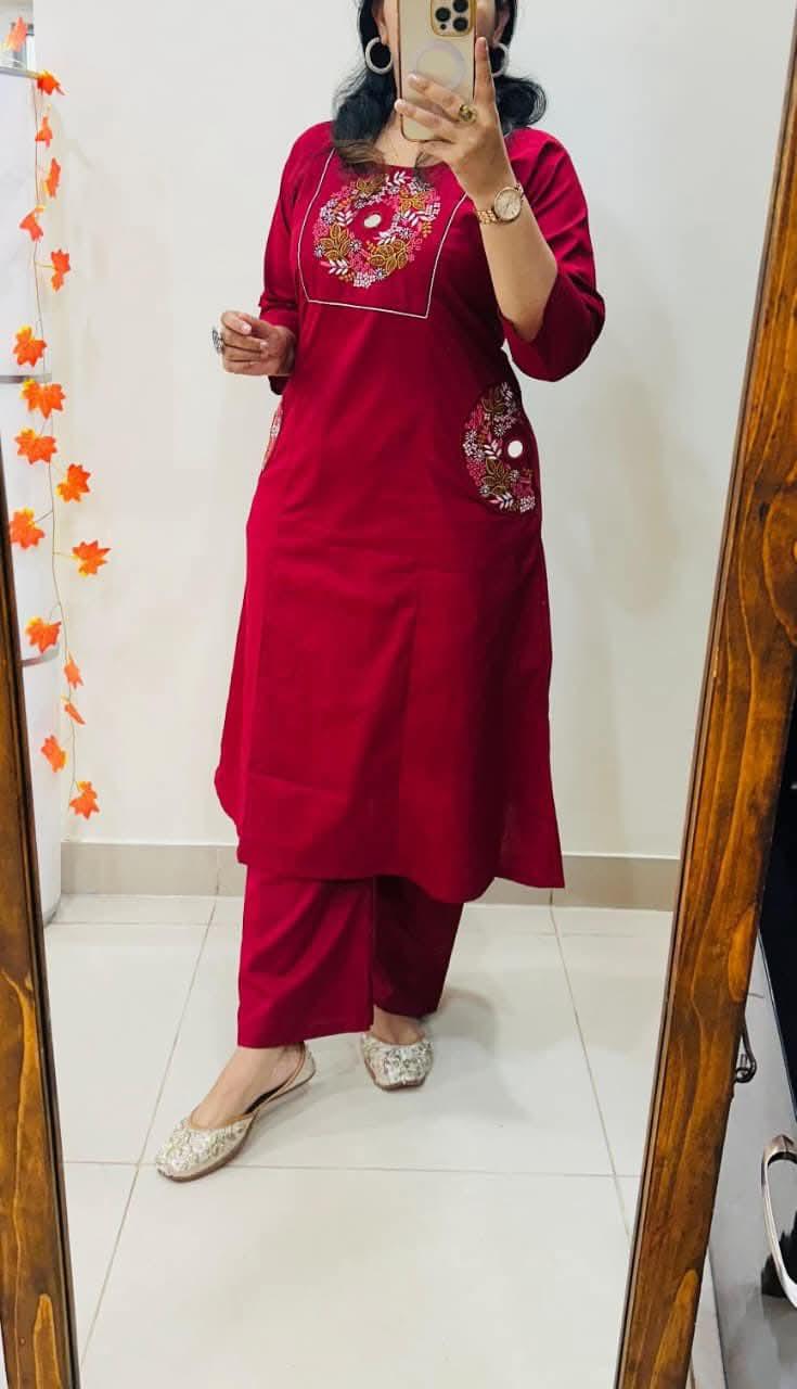 Maroon Embroidered Straight Kurta Set with Pants for Women