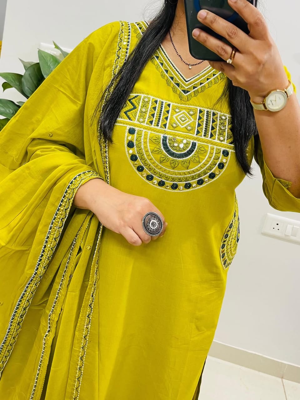 EMBROIDERED COTTON KURTI PANT WITH DUPATTA SUIT SET