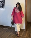 Embroidery Pink Cotton Kurta Set with Palazzo Pants