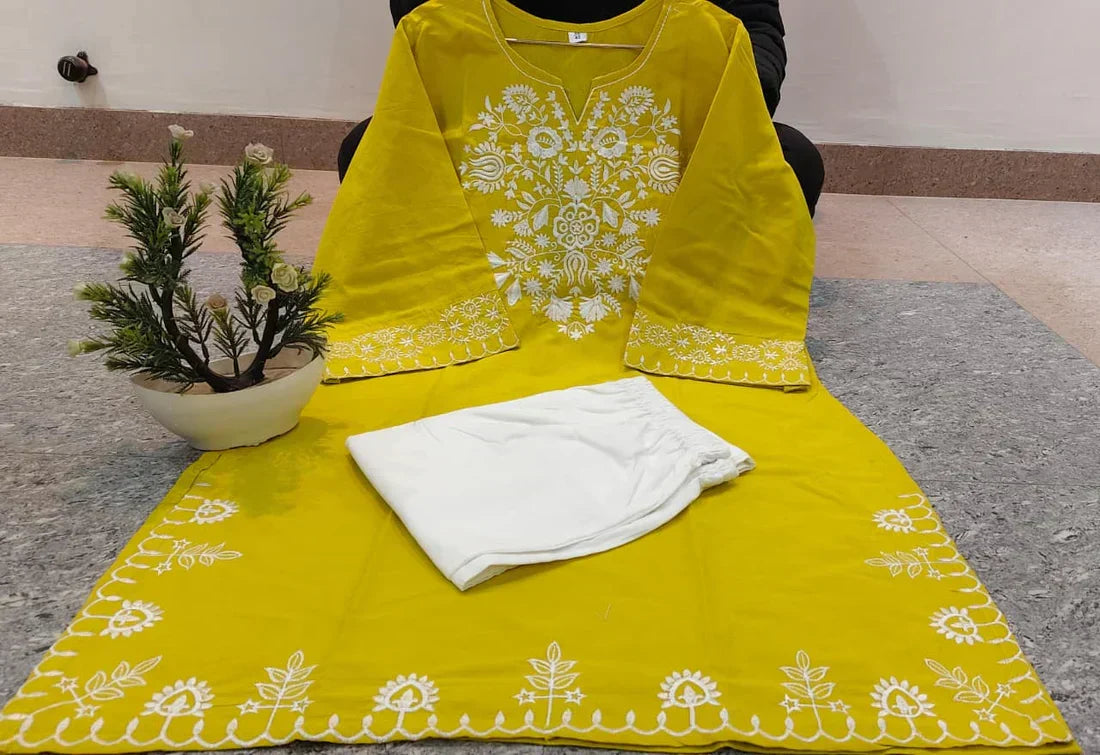 Embroidery Yellow Cotton Kurta Set with Palazzo Pants