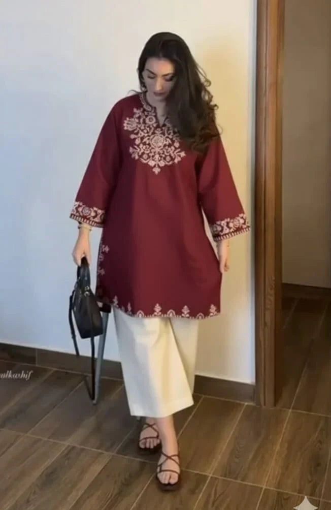 Embroidery Maroon Cotton Kurta Set with Palazzo Pants