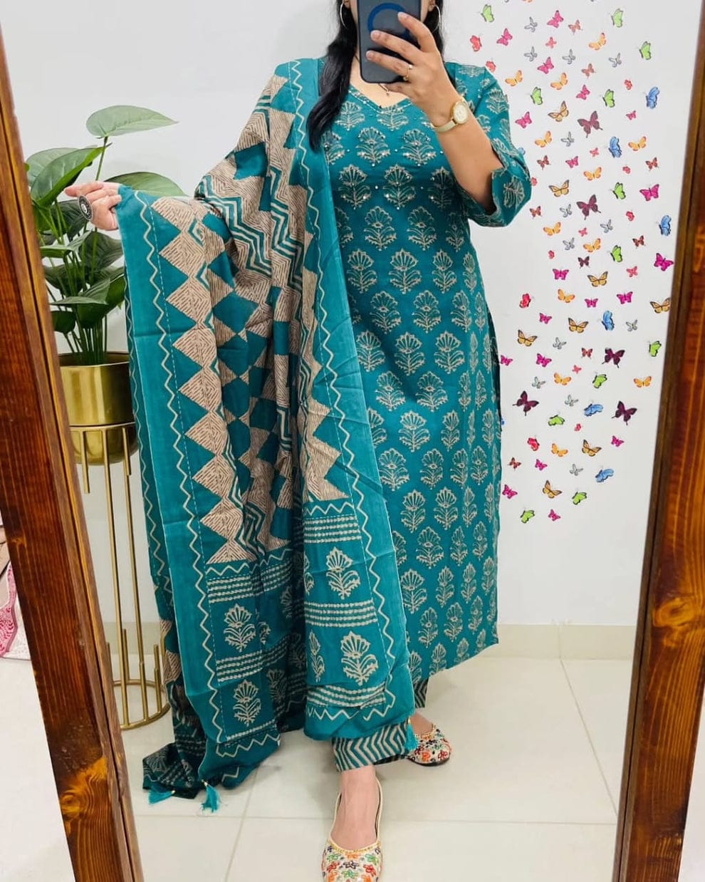 Women's Pure Cotton Printed Sea Blue Kurta With Pant And Dupatta