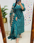 Women's Pure Cotton Printed Sea Blue Kurta With Pant And Dupatta