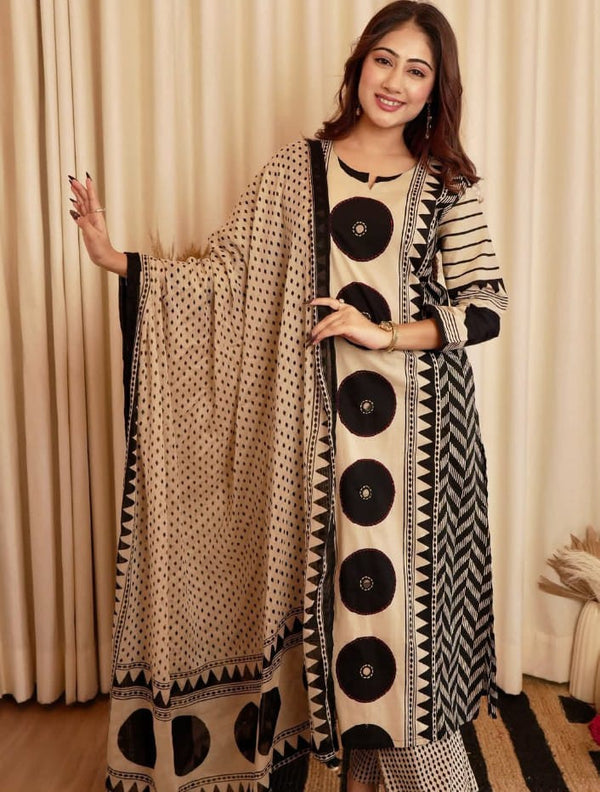 Beige & Black Geometric Print Kurta Set with Coordinated Dupatta