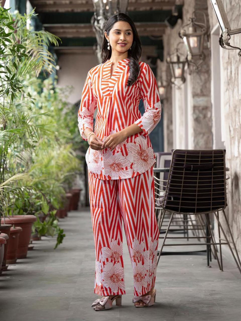 Biba Orange Printed Cotton cord set