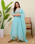 Aqua Blue Cotton Embroidered Anarkali Kurta Set with Dupatta