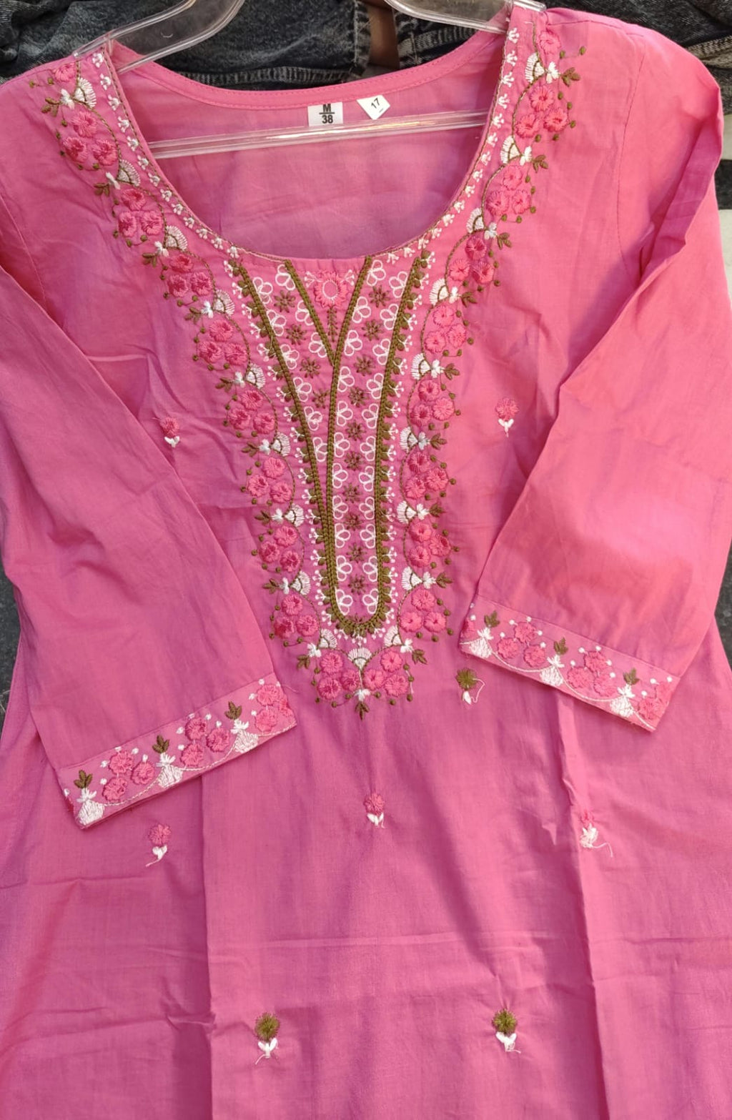 Pink Cotton Kurta With Embroidered Yoke