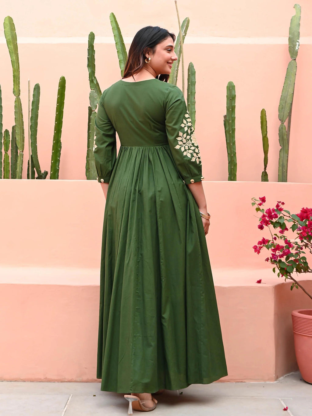 Forest Green Anarkali Gown With Floral Embroidery