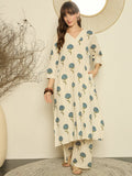 Cream Cotton Teal Botanical Print Co-ord Set