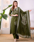 Premium Olive Green Bandhni Cotton Kurta Set
