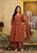 Rust Brown Printed Cotton Kurta Palazzo Set with Dupatta for Women