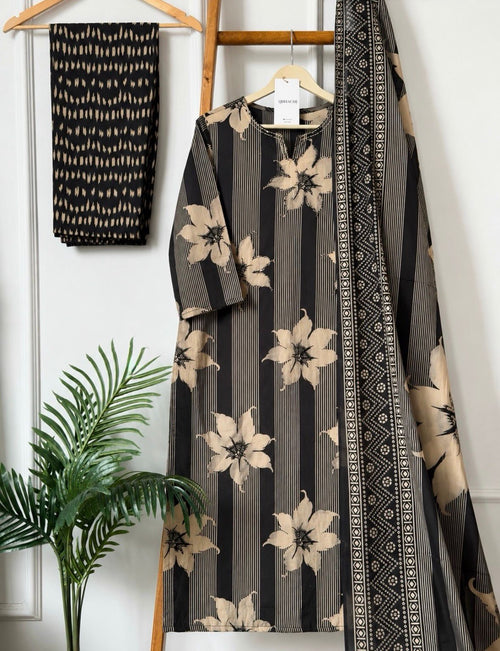 Black Floral Printed Kurta Pant Set with Dupatta for Women