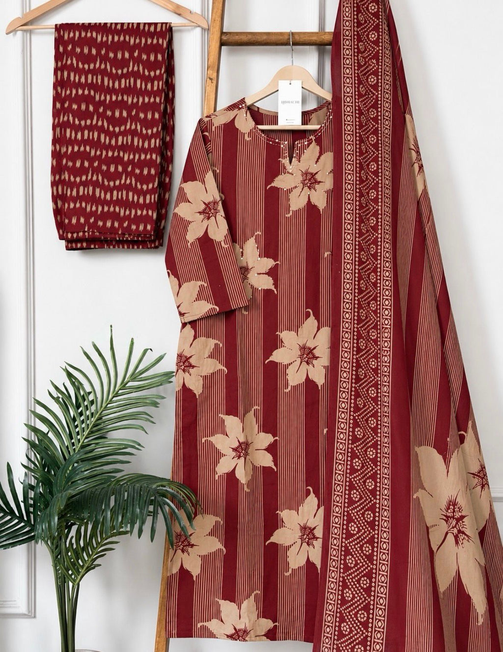 Maroon Floral Printed Kurta Pant Set with Dupatta for Women