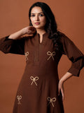 Chocolate Brown Bow Embroidered Kurta  Set