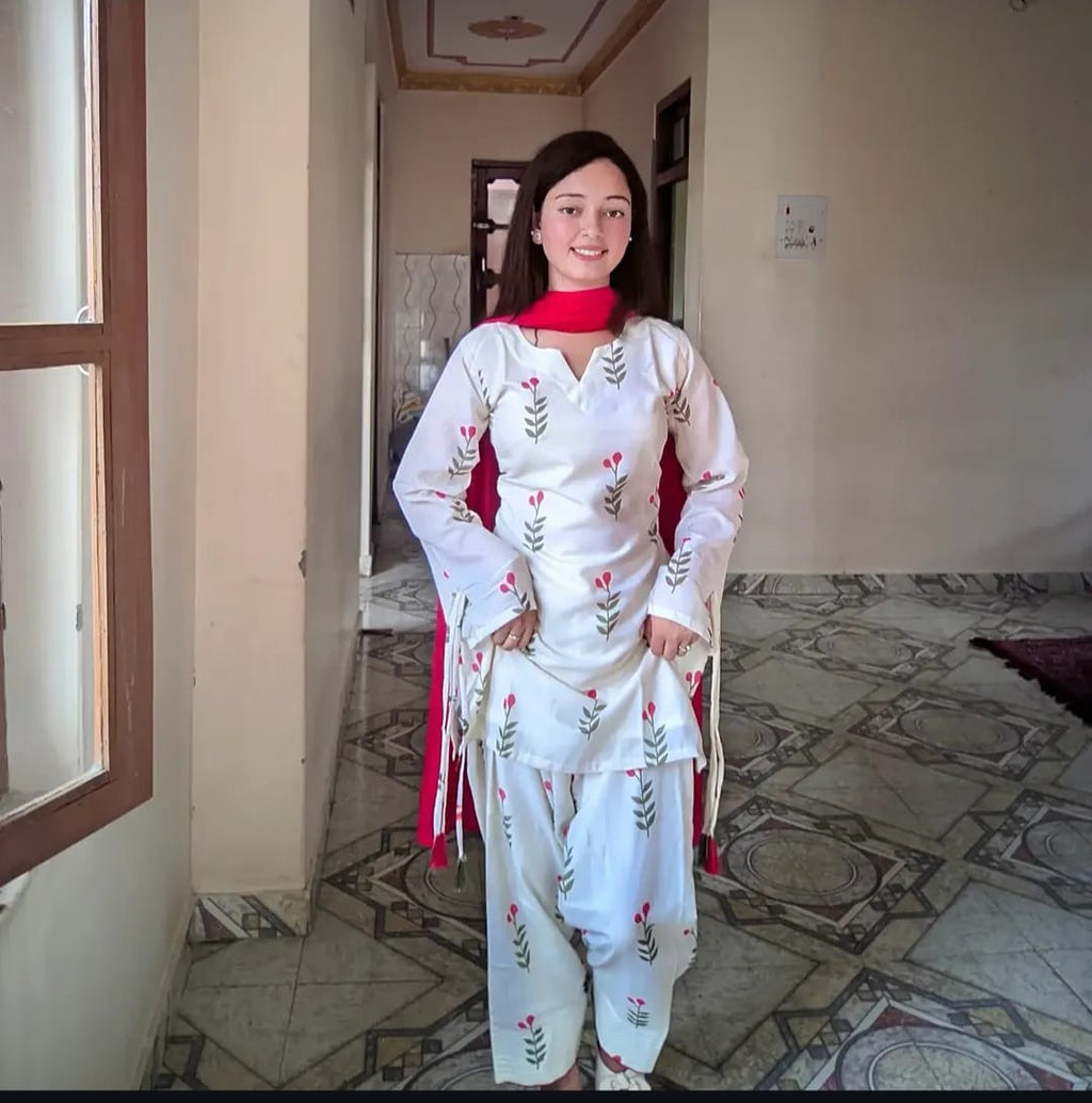 White Floral Printed Cotton Kurta Pant Set with Pink Dupatta for Women