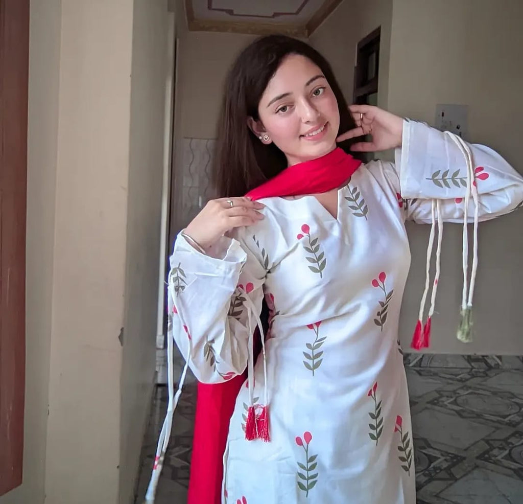 White Floral Printed Cotton Kurta Pant Set with Pink Dupatta for Women