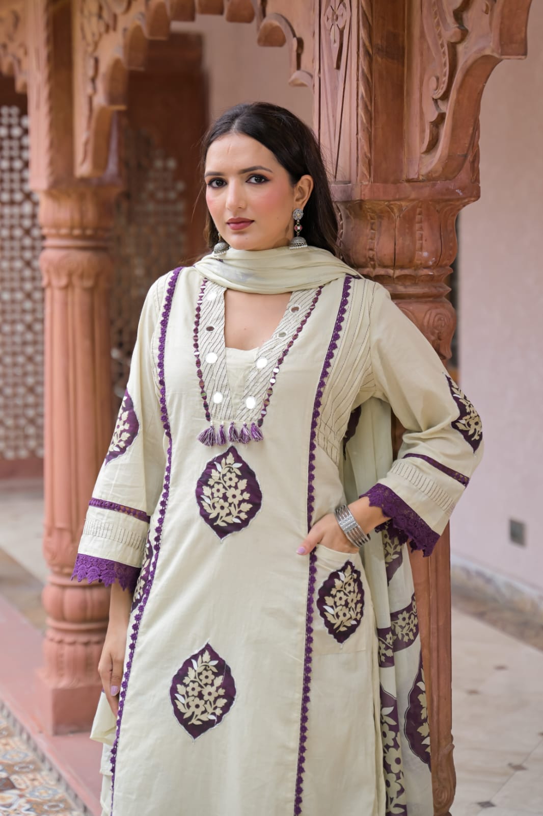 Women’s Ivory & Purple Printed Kurta Pant Set with Dupatta
