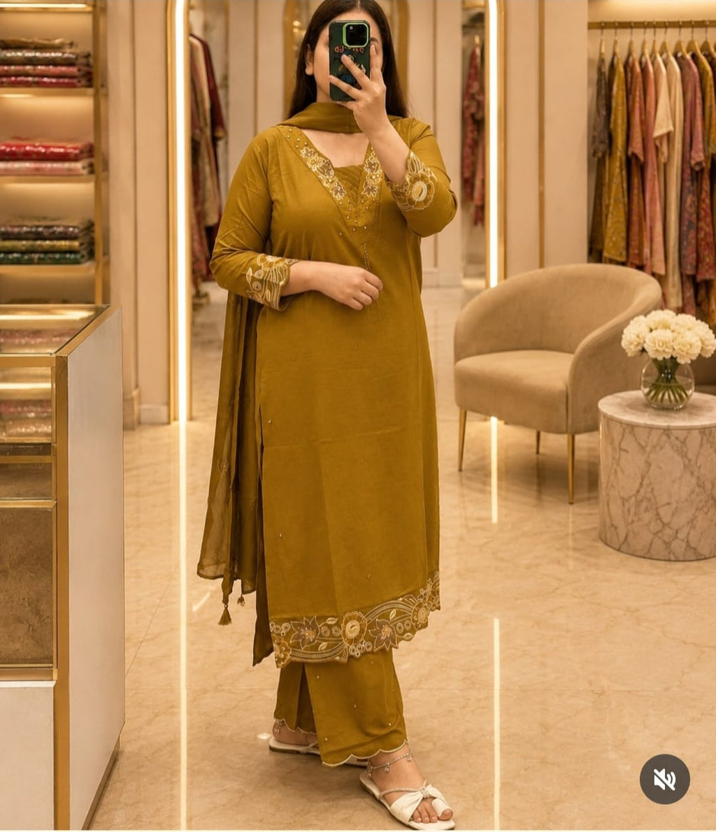 Mustard Olive Embroidered Kurta Pant Dupatta Set for Women