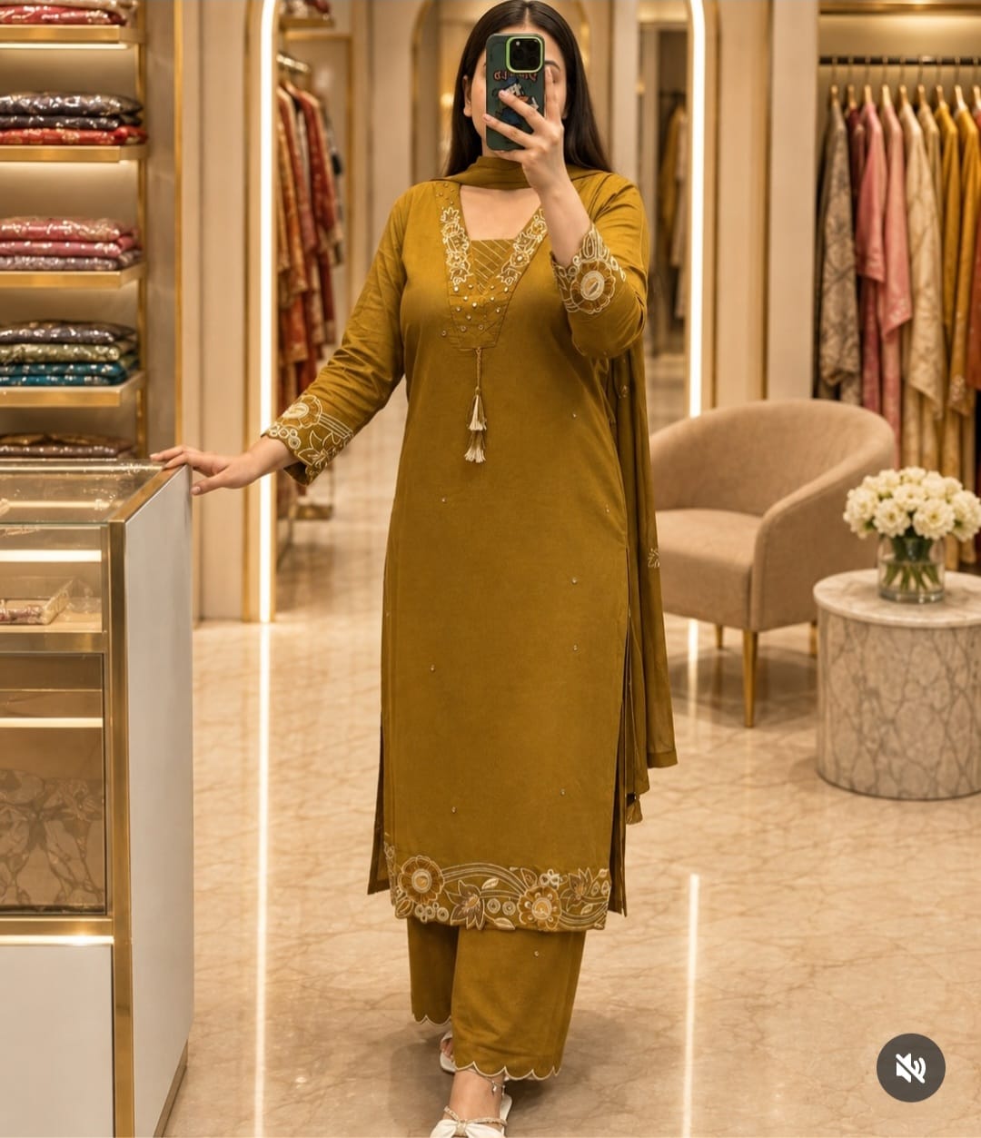 Mustard Olive Embroidered Kurta Pant Dupatta Set for Women