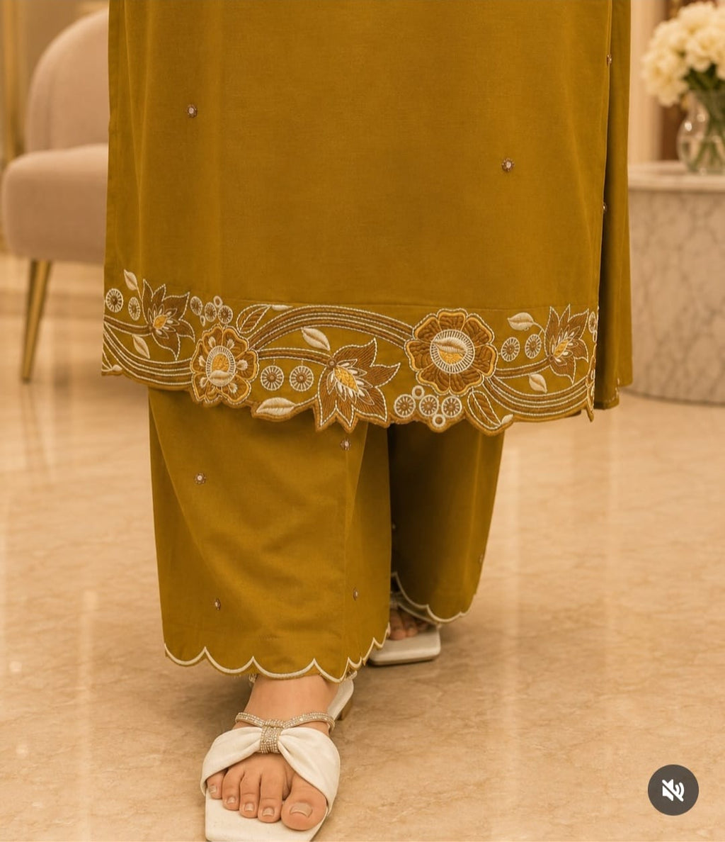 Mustard Olive Embroidered Kurta Pant Dupatta Set for Women