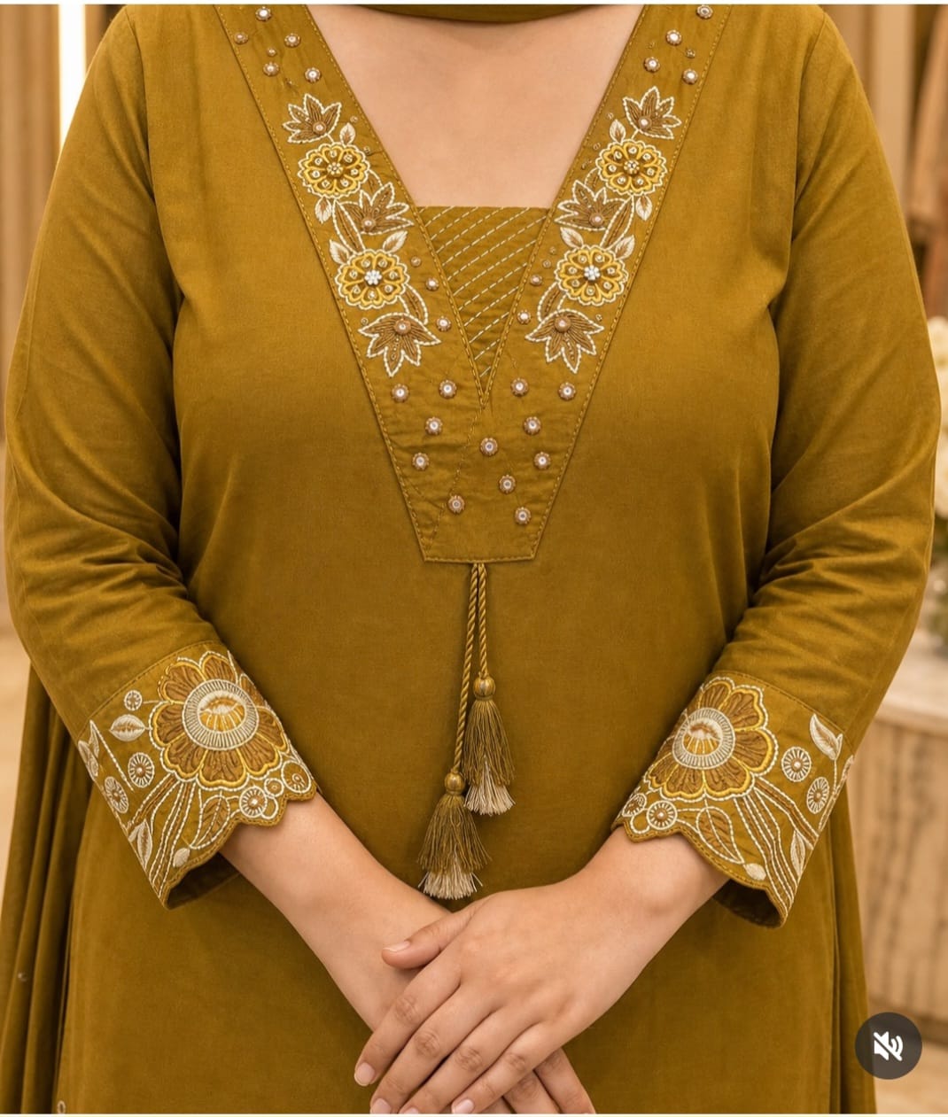 Mustard Olive Embroidered Kurta Pant Dupatta Set for Women