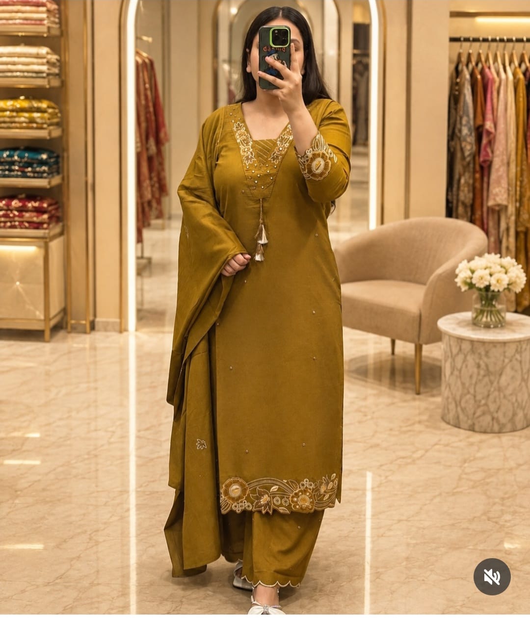 Mustard Olive Embroidered Kurta Pant Dupatta Set for Women