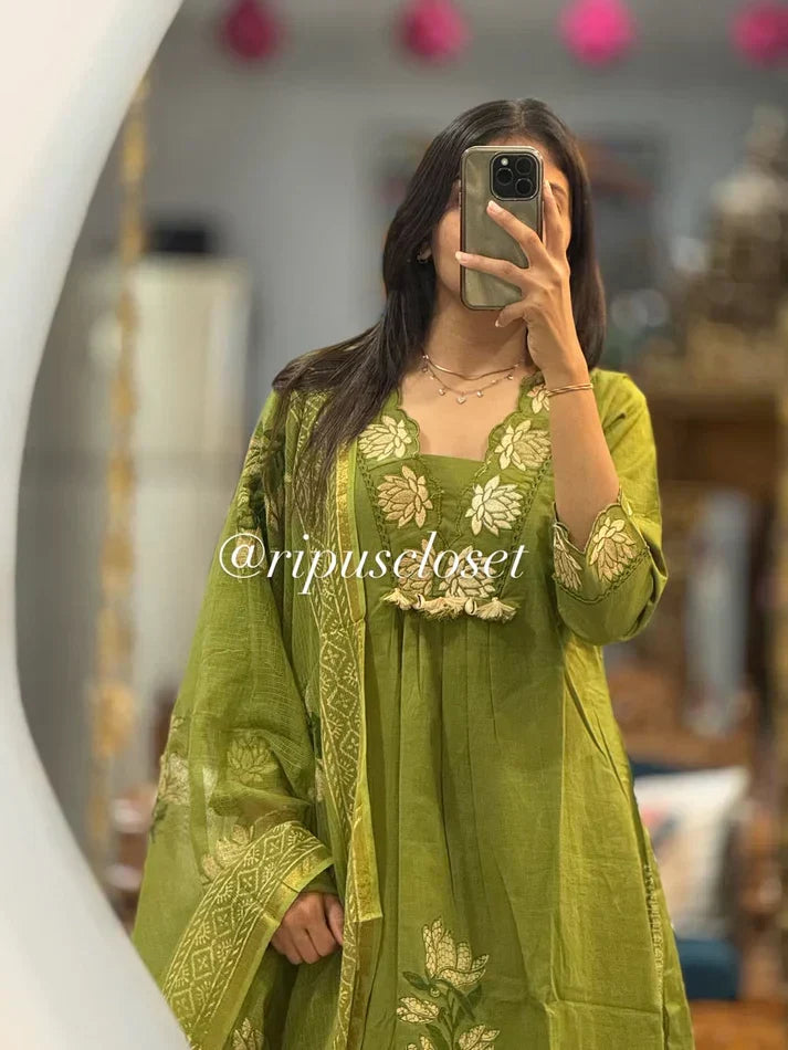 Green Floral Embroidered Kurta Set with Dupatta