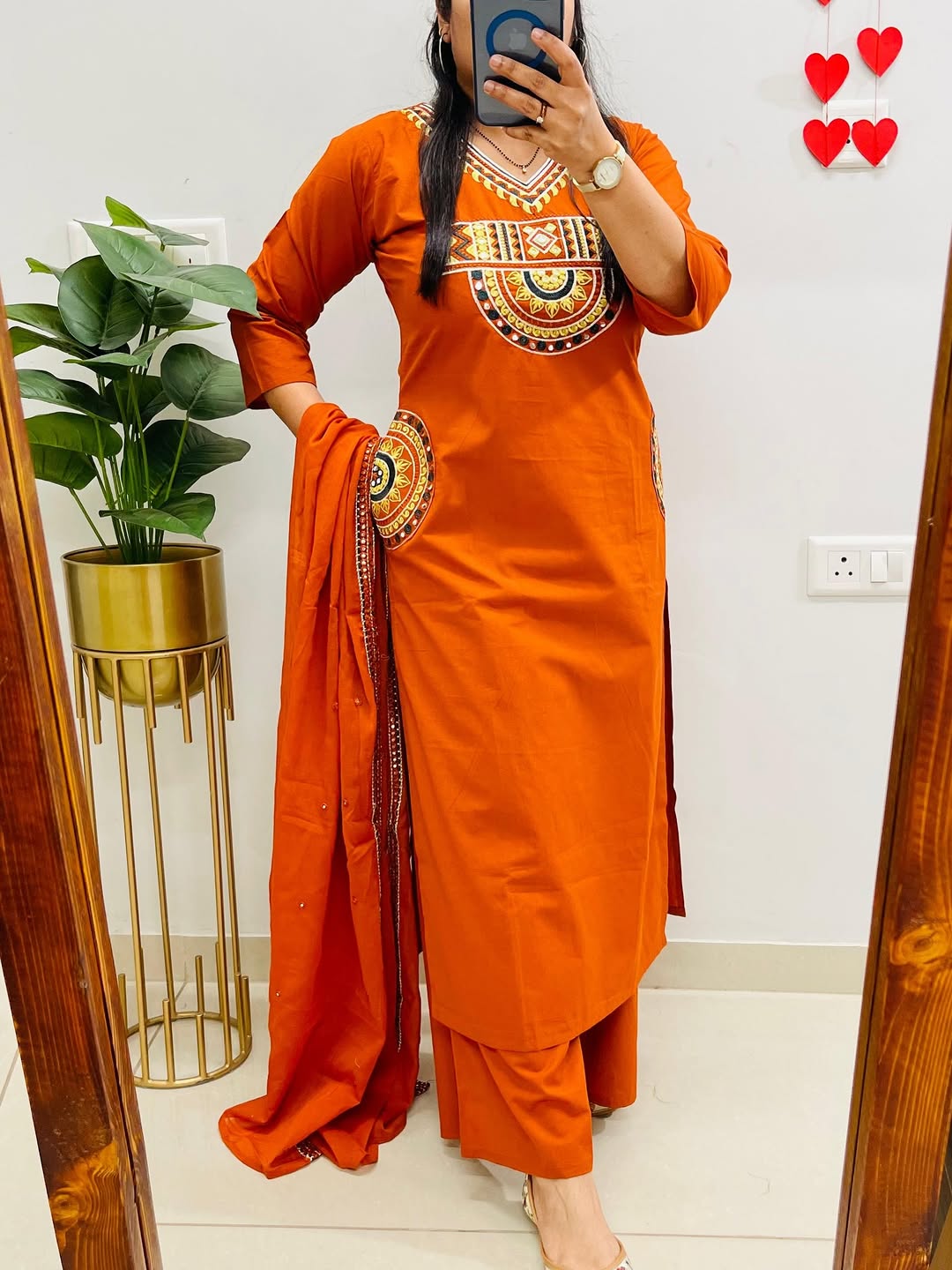 Embroidered Orange Cotton Kurti Pant with Dupatta Suit Set