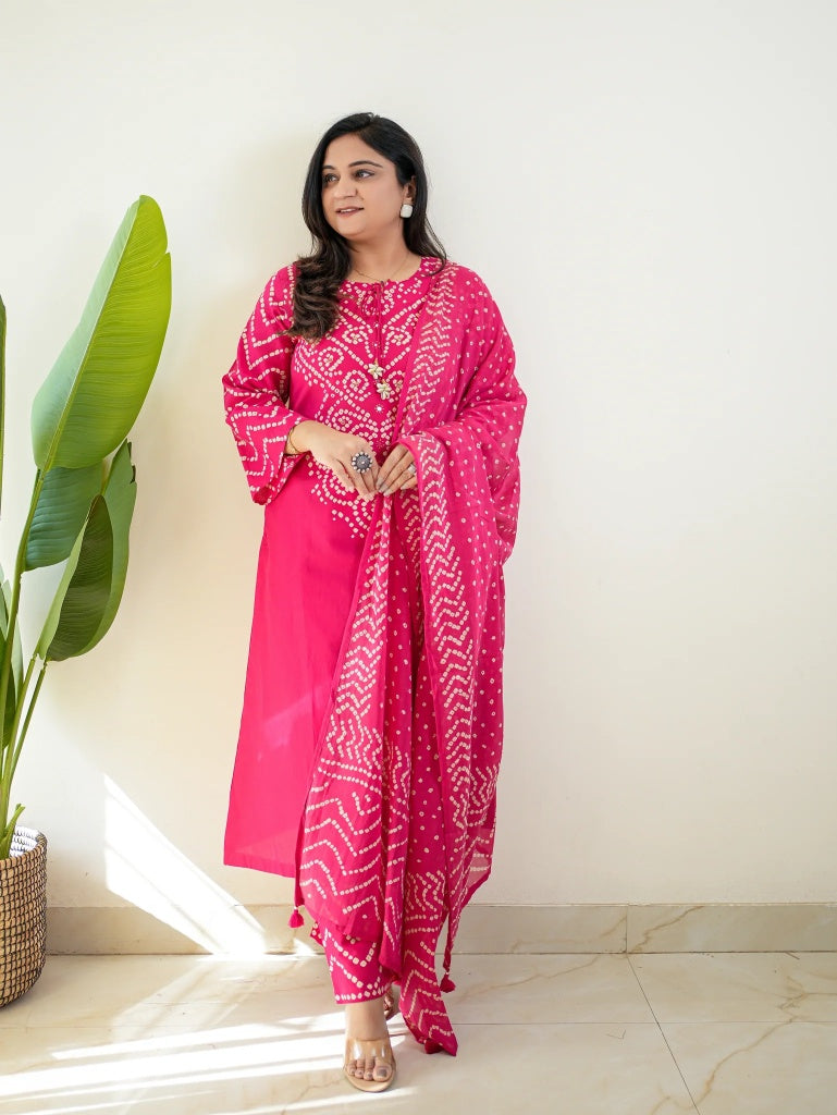 Pink Bandhani Ethnic Cotton Kurta Set with Dupatta for Women